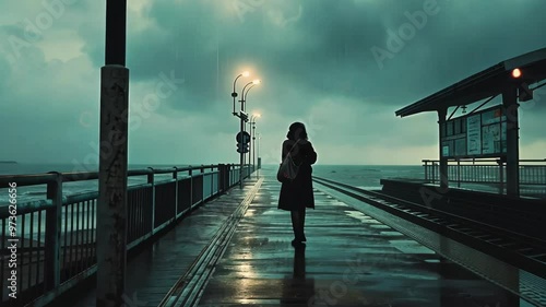 Woman walks alone on a waterfront pier under dark clouds during a rainy evening in an urban environment
