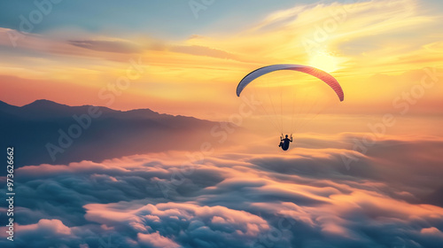 a paraglider in the sky above the clouds at sunset over the mountains, Ai generated images