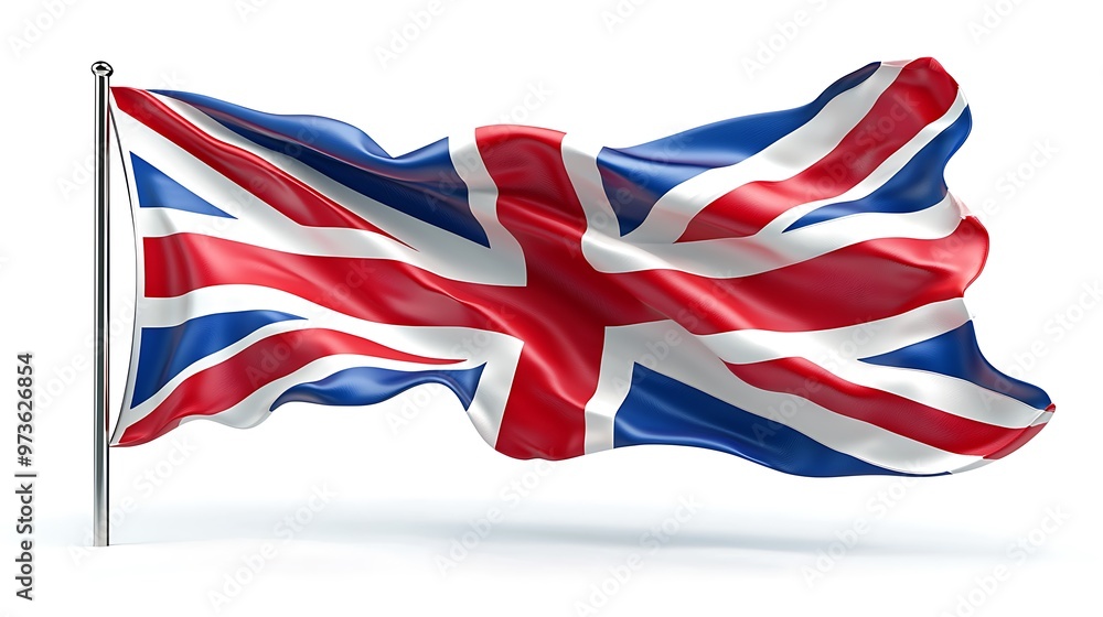 Fototapeta premium The UK flag waves proudly against a clean white background, a symbol of national pride.