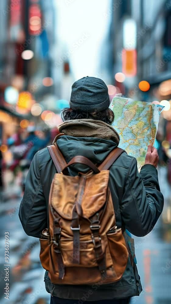 A traveler holding a map in a bustling city street, exploring the surroundings. A traveler holding a map in a bustling city street, exploring the surroundings.