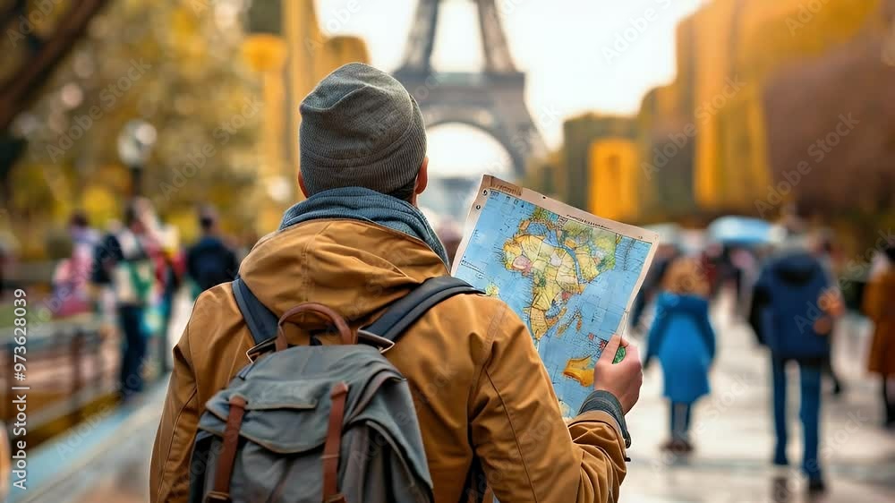 A traveler holding a map in front of the Eiffel Tower, surrounded by people in an urban setting. A traveler holding a map in front of the Eiffel Tower, surrounded by people in an urban setting.