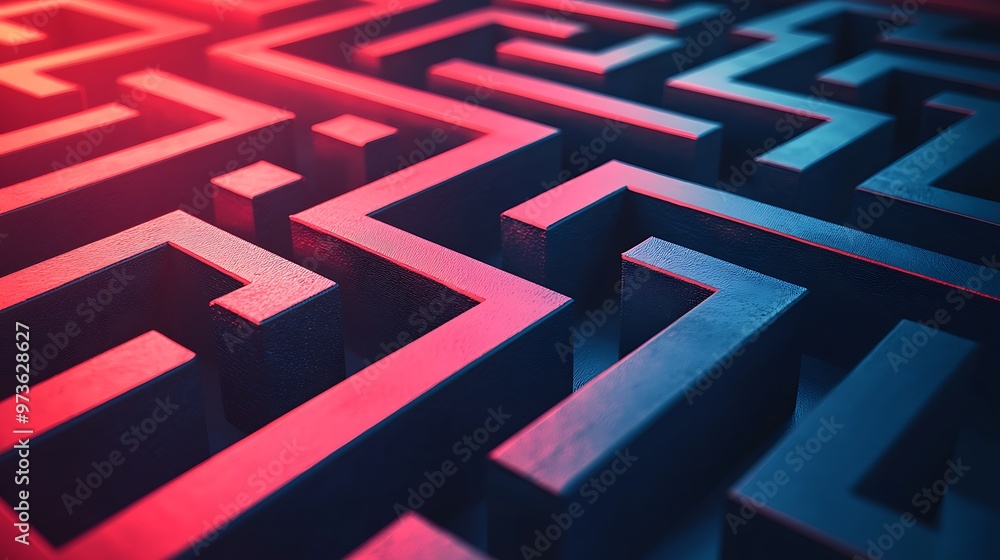 A 3D maze illuminated by neon red and blue lights forms an intricate, mysterious path. A 3D maze illuminated by neon red and blue lights forms an intricate, mysterious path.