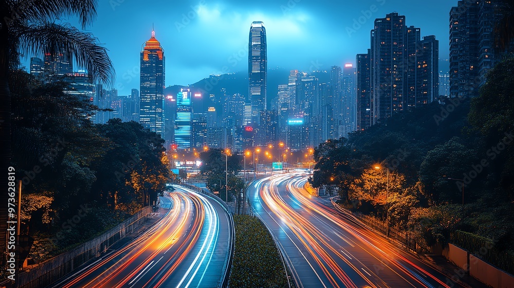 Fototapeta premium Vibrant light trails from city traffic at night, wide view with glowing skyscrapers in the background