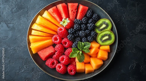 A colorful plate of assorted fresh fruits including watermelon, kiwi, blackberries, raspberries, and garnished with mint leaves.
