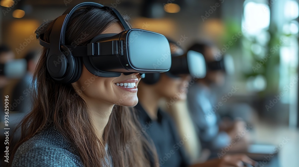 Group of women using virtual reality headsets in modern office environment, experiencing immersive technology. Group of women using virtual reality headsets in modern office environment, experiencing immersive technology.