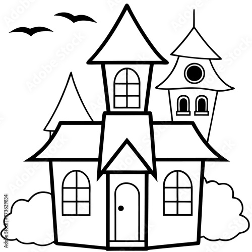 haunted house outline coloring book page line art drawing