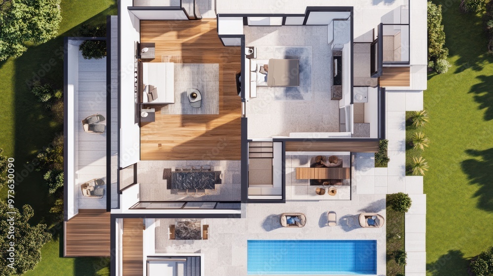 Aerial view of a modern house with a swimming pool and a garden. Aerial view of a modern house with a swimming pool and a garden.