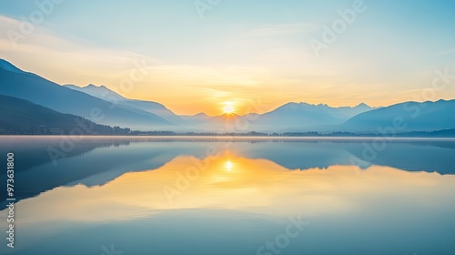 Wallpaper Mural Serene panoramic view of a tranquil lake at sunrise, reflecting the soft hues of the sky and surrounding majestic mountains. Torontodigital.ca