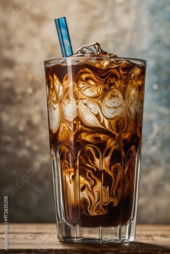 iced coffee glass with straw in it photo