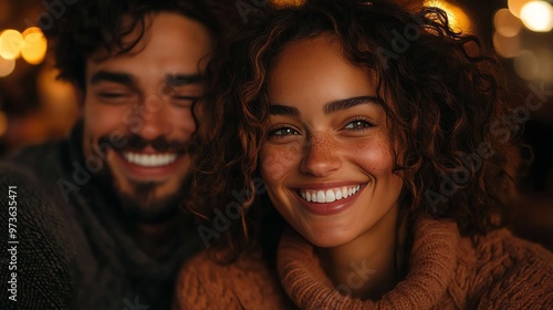 Couple smiling and laughing at a cozy cafe, warm ambient lighting and a friendly atmosphere