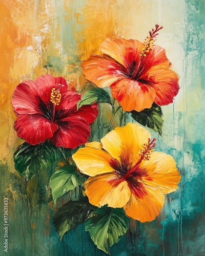 Abstract oil painting featuring red and yellow hibiscus flowers against a vibrant background