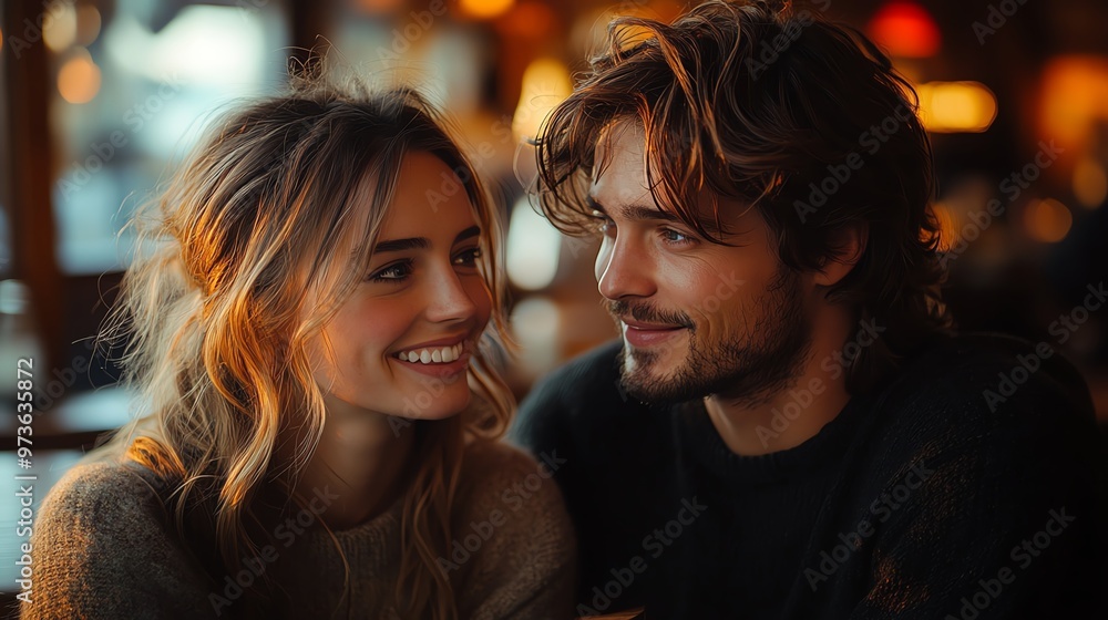Smiling couple sharing a moment of joy in a cozy, dimly lit cafe, exuding warmth and companionship on a relaxed evening. Smiling couple sharing a moment of joy in a cozy, dimly lit cafe, exuding warmth and companionship on a relaxed evening.