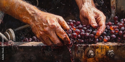 Close up of a winemaker s hands operating a helical screw in an oil painting depicting the winepress process and red must extraction from grapes photo