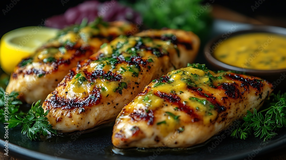 Grilled chicken breast with herbs and sauce on a dark plate. Grilled chicken breast with herbs and sauce on a dark plate.