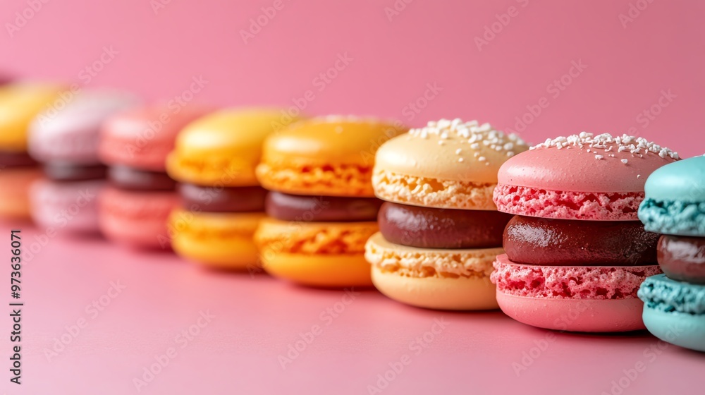 Fototapeta premium Colorful macaroons placed in a straight row, bright and cheerful dessert arrangement