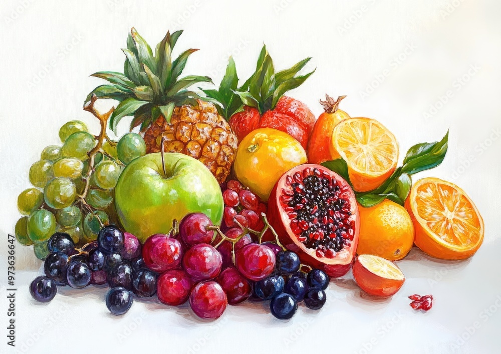 Oil painting depicting a collection of fruits arranged on a white background showcasing vibrant colors and textures Oil painting depicting a collection of fruits arranged on a white background showcasing vibrant colors and textures