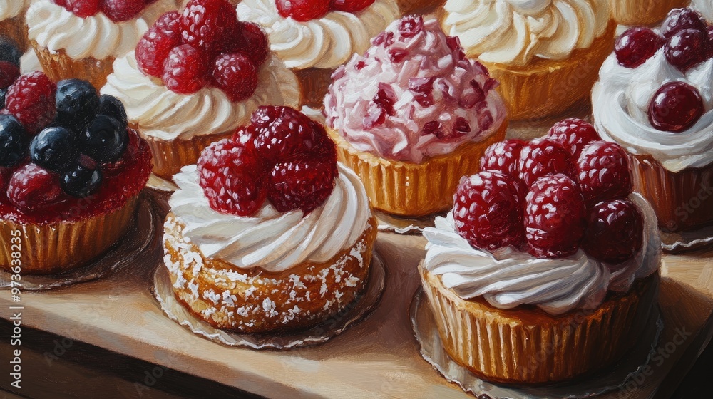 Close up oil painting of cakes featuring succade on a wooden board highlighting the preparation details Close up oil painting of cakes featuring succade on a wooden board highlighting the preparation details