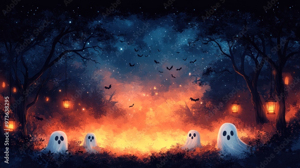A spooky night scene with ghosts, bats, and glowing lanterns. A spooky night scene with ghosts, bats, and glowing lanterns.