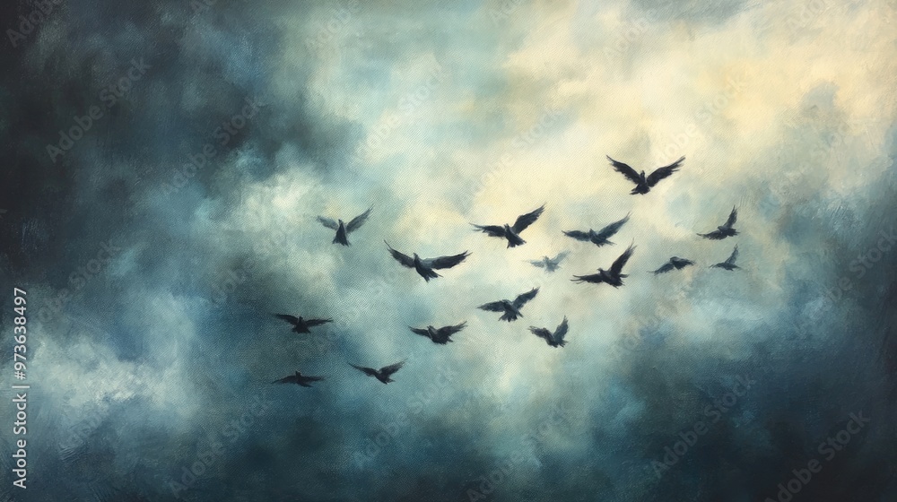 Fototapeta premium Oil painting depicting a tranquil flock of birds gliding through a gentle cloudy sky embodying freedom and graceful movement