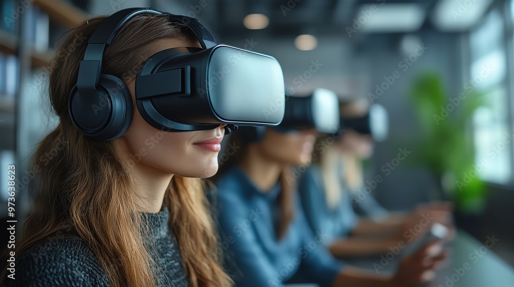 Bright modern office with a business team collaborating through VR headsets, wideangle shot with bright tones Bright modern office with a business team collaborating through VR headsets, wideangle shot with bright tones