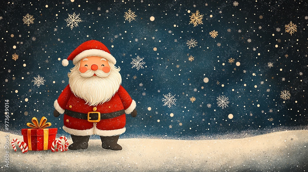 Illustration of Santa Claus with a gift box in snowy landscape, starry night sky. Perfect for Christmas and holiday themes. Illustration of Santa Claus with a gift box in snowy landscape, starry night sky. Perfect for Christmas and holiday themes.
