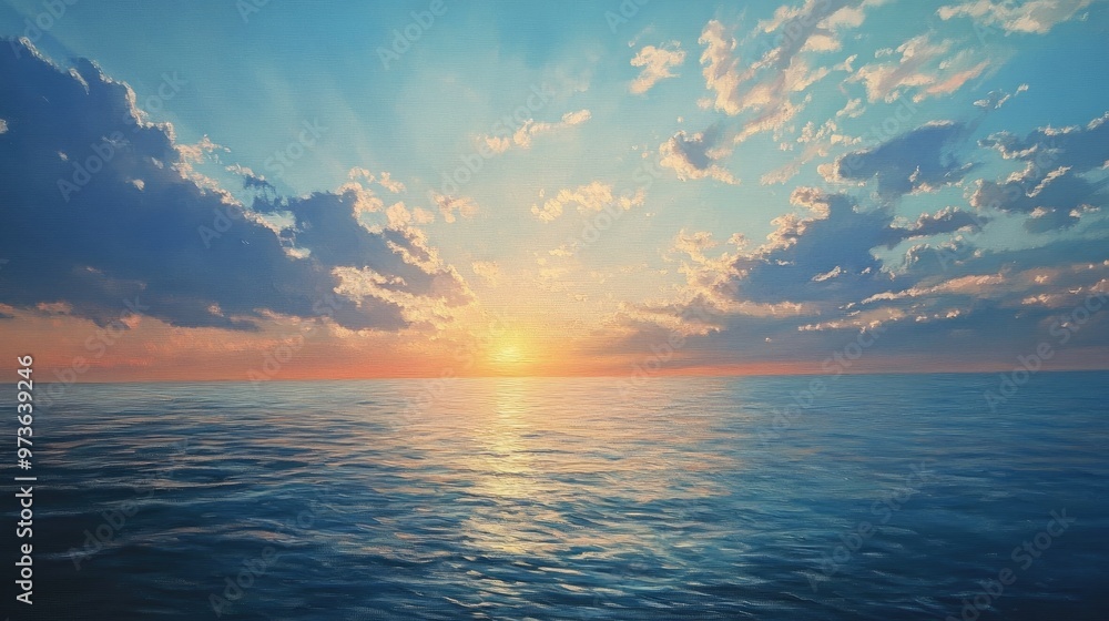 Obraz premium Oil painting depicting a sunrise over the ocean with clouds capturing the serene beauty of an early morning sea view