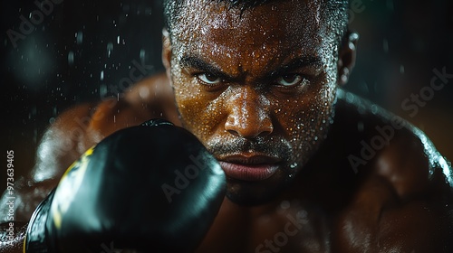 Boxer s punch captured in closeup, with strong shadows and intense lighting emphasizing the action