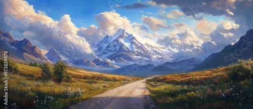 Oil painting depicting a scenic road leading to a majestic mountain