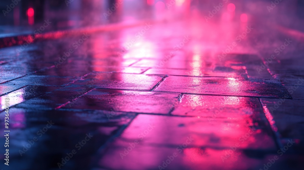 Wet cobblestone street with pink and purple neon lights reflecting. Wet cobblestone street with pink and purple neon lights reflecting.