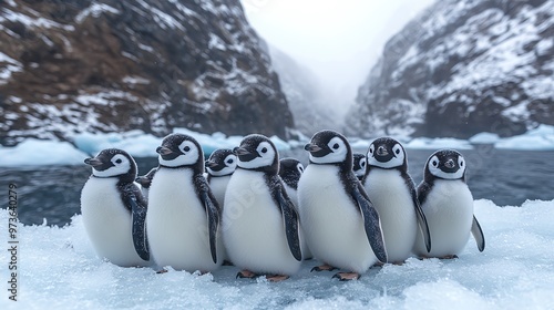 Group of seven penguins standing together on ice in a snowy mountainous landscape, showcasing natural beauty and wildlife. photo