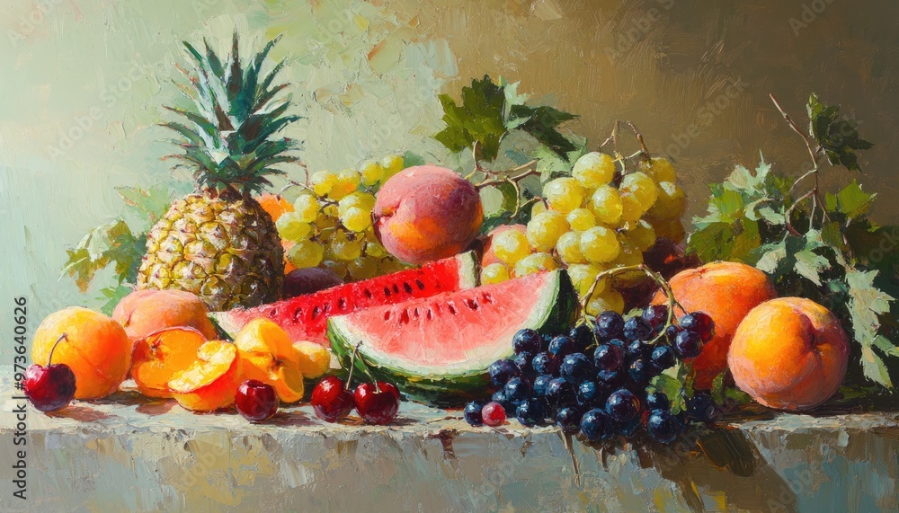 Vibrant oil painting showcasing an array of summer fruits including watermelon melon grapes apricots peach pineapple plums and cherries Vibrant oil painting showcasing an array of summer fruits including watermelon melon grapes apricots peach pineapple plums and cherries