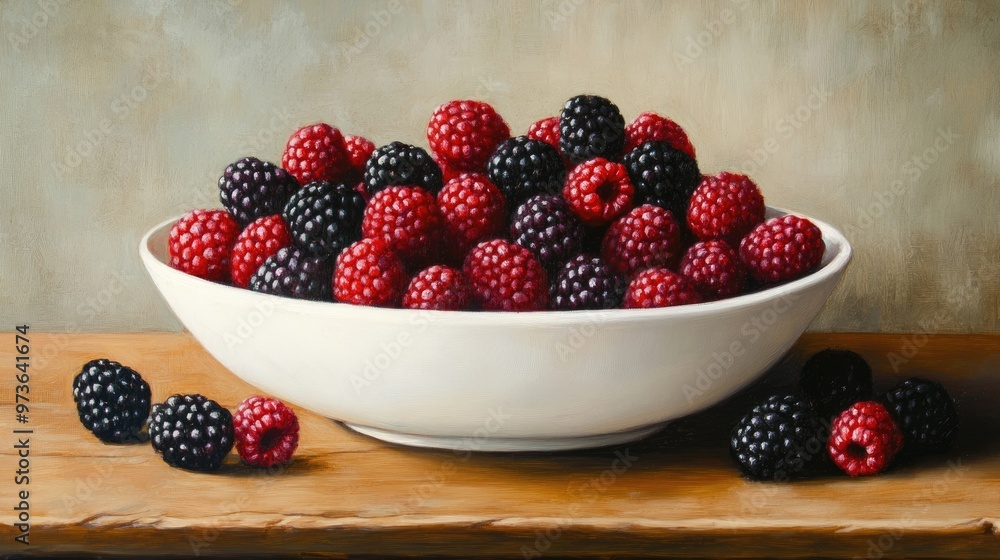 Oil painting depicting fresh blackberries and raspberries served in a white bowl on a vintage oak table showcasing a rustic aesthetic Oil painting depicting fresh blackberries and raspberries served in a white bowl on a vintage oak table showcasing a rustic aesthetic