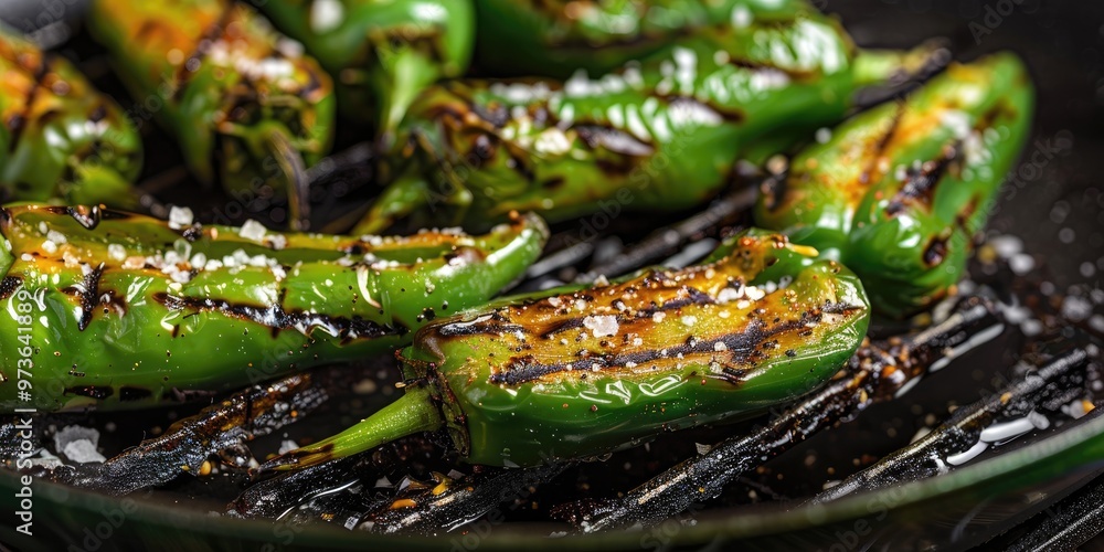 Grilled Green Peppers with Salt in a Skillet Grilled Green Peppers with Salt in a Skillet