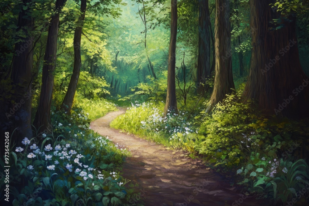 Oil painting capturing a serene moment during a tranquil stroll in a lush forest setting emphasizing calmness and harmony with nature Oil painting capturing a serene moment during a tranquil stroll in a lush forest setting emphasizing calmness and harmony with nature