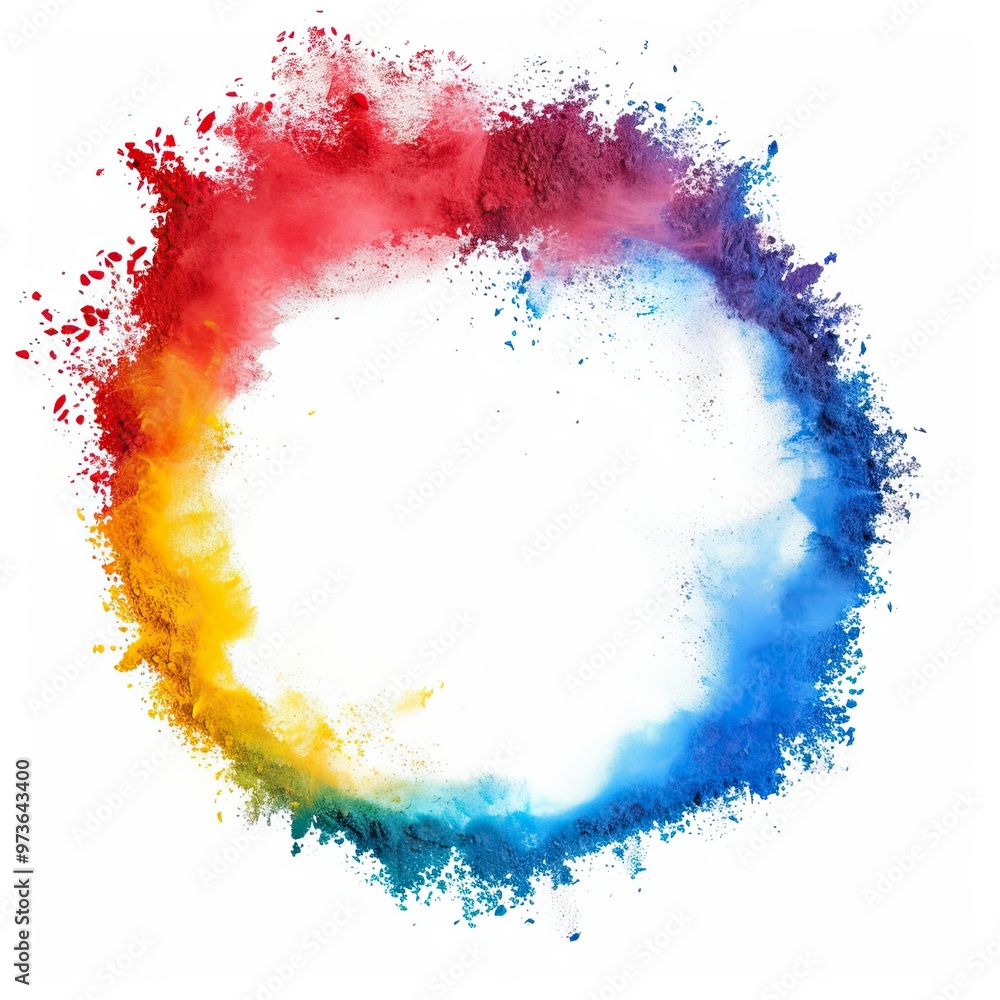 Obraz premium Splash of multicolor powder into circle frame isolated on white 