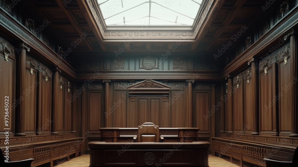 A single chair sits in front of a large wooden desk in a room with ornate wooden walls, a ceiling with a skylight, and a wooden floor. A single chair sits in front of a large wooden desk in a room with ornate wooden walls, a ceiling with a skylight, and a wooden floor.