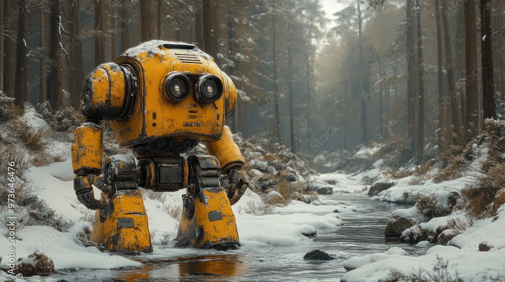 A yellow robot stands in a snowy forest by a stream. A yellow robot stands in a snowy forest by a stream.