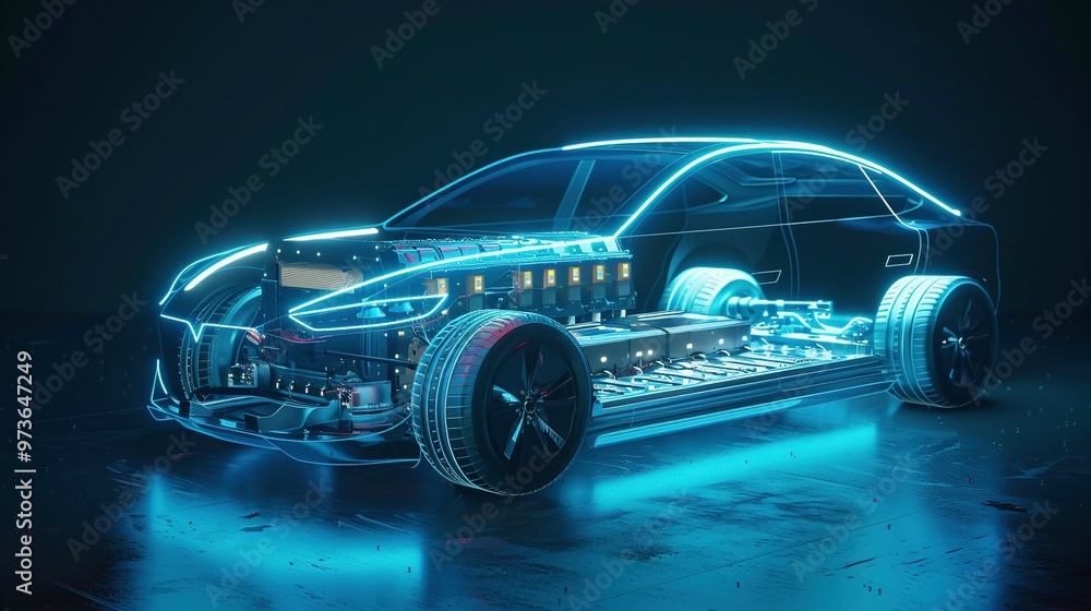 A Futuristic Car with a Glowing Blue Outline and Exposed Internal Components A Futuristic Car with a Glowing Blue Outline and Exposed Internal Components