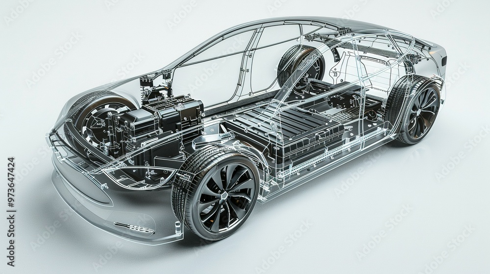 Transparent Cutaway View of an Electric Car with Exposed Internal Components