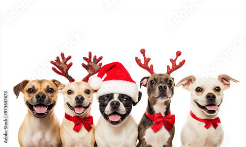 In a white background, Christmas hats, dogs in decorations
