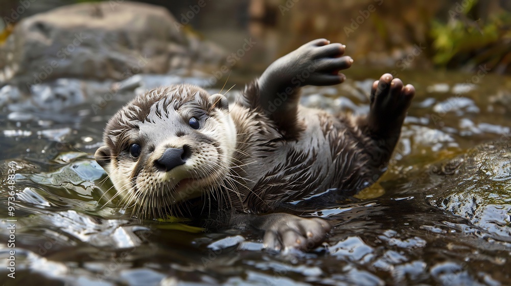 A Curious Otter Swimming in a Stream A Curious Otter Swimming in a Stream