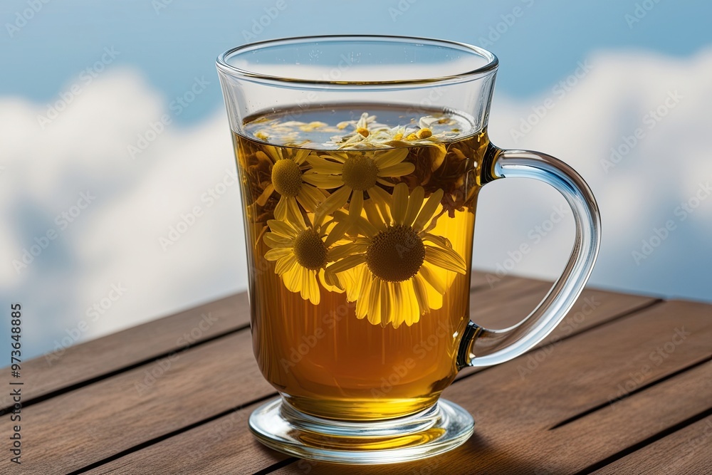 Bright Chamomile Tea in Clear Glass with Light Background Bright Chamomile Tea in Clear Glass with Light Background