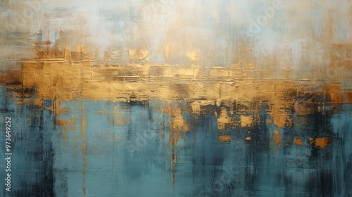 An abstract artwork featuring a blend of blue and gold hues, creating a serene and modern aesthetic.