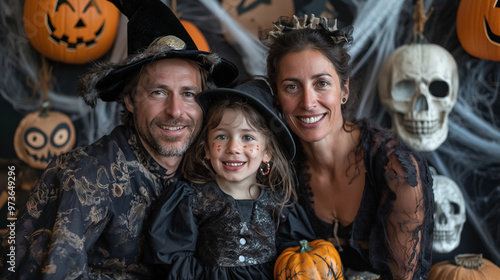 Costume Photo Booth, families posing in front of spooky backgrounds for fun Halloween costume photos, Halloween, with copy space