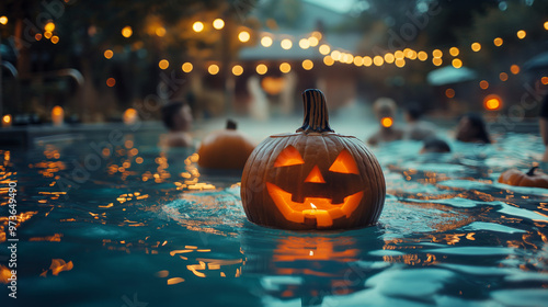 Spooky Swimming Pool Party, children and adults enjoying a Halloween-themed pool party with floating pumpkins and eerie decorations, Halloween, with copy space