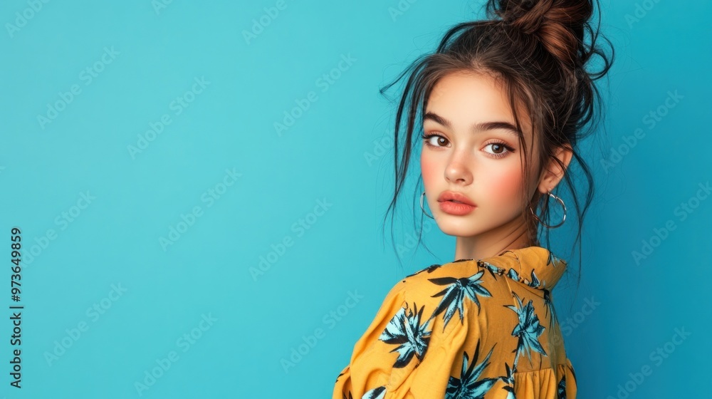 Beautiful young woman with messy bun and hoop earrings looking over shoulder on blue background. Beautiful young woman with messy bun and hoop earrings looking over shoulder on blue background.
