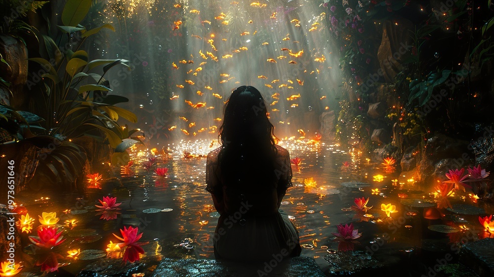 Enchanted Forest Pond with Lotus Flowers and Goldfish Enchanted Forest Pond with Lotus Flowers and Goldfish