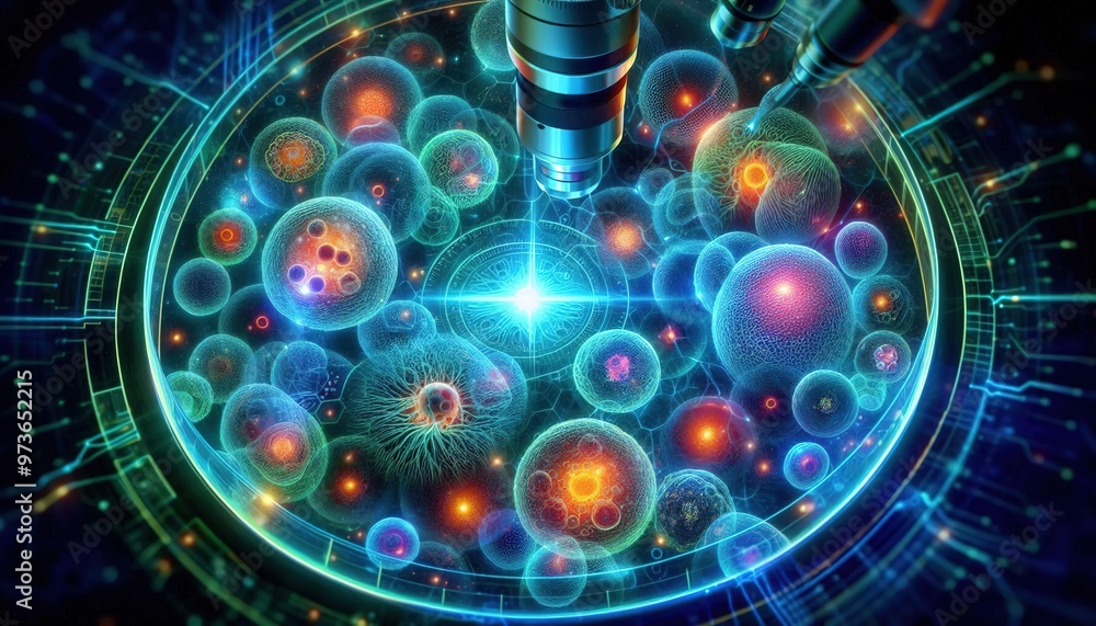Scientist Examining Bioengineered Cells Under Microscope Scientist Examining Bioengineered Cells Under Microscope