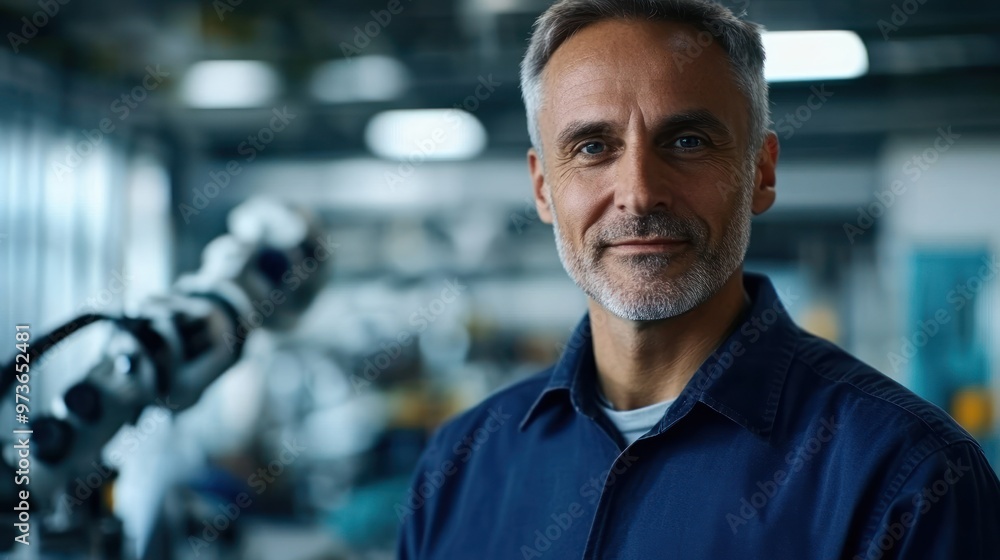 Portrait of a confident man in a blue shirt standing in a factory with a robot arm in the background. Portrait of a confident man in a blue shirt standing in a factory with a robot arm in the background.