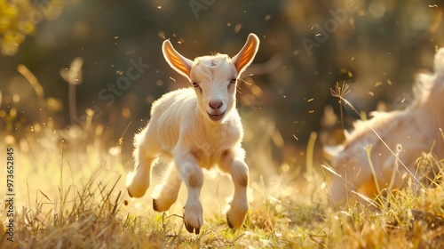 Playful Kid Goat Running in Sunny Meadow